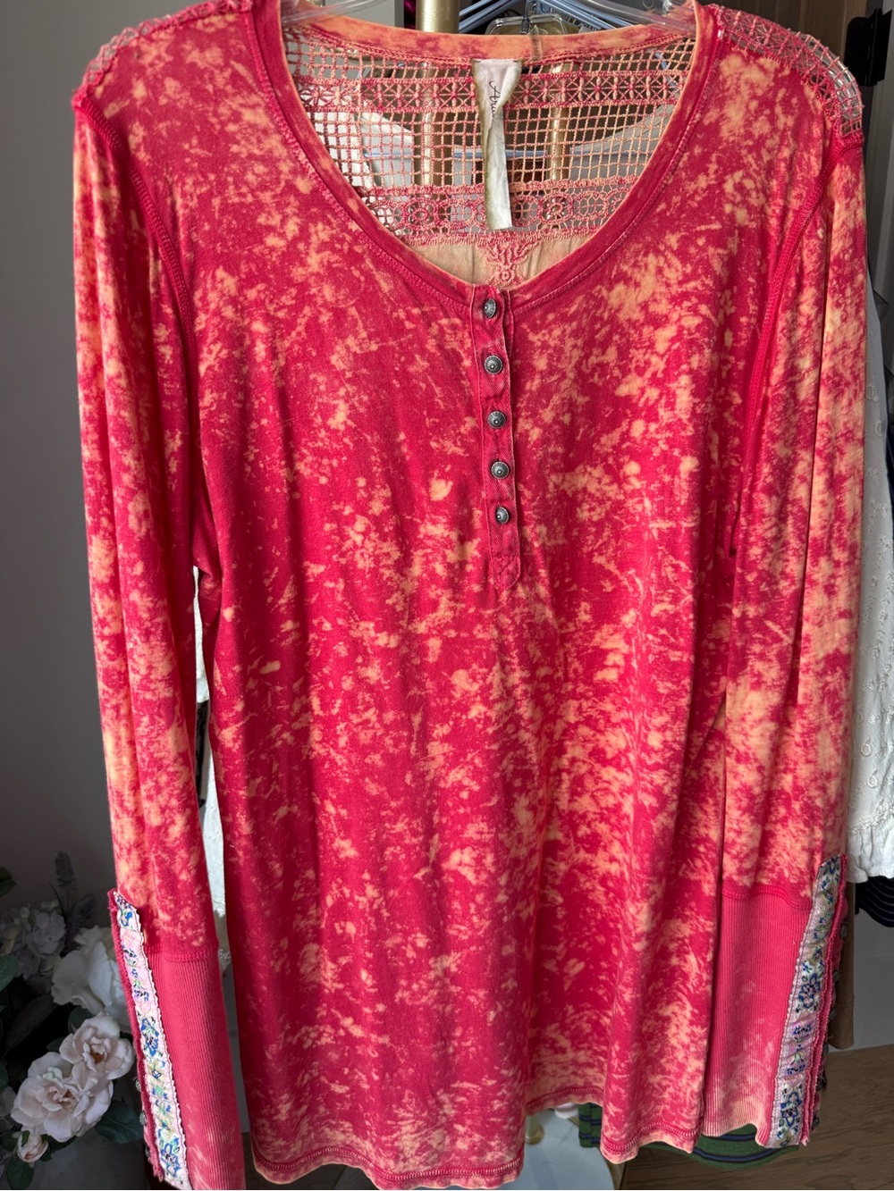 Aratta Red and Cream Long Sleeve Top